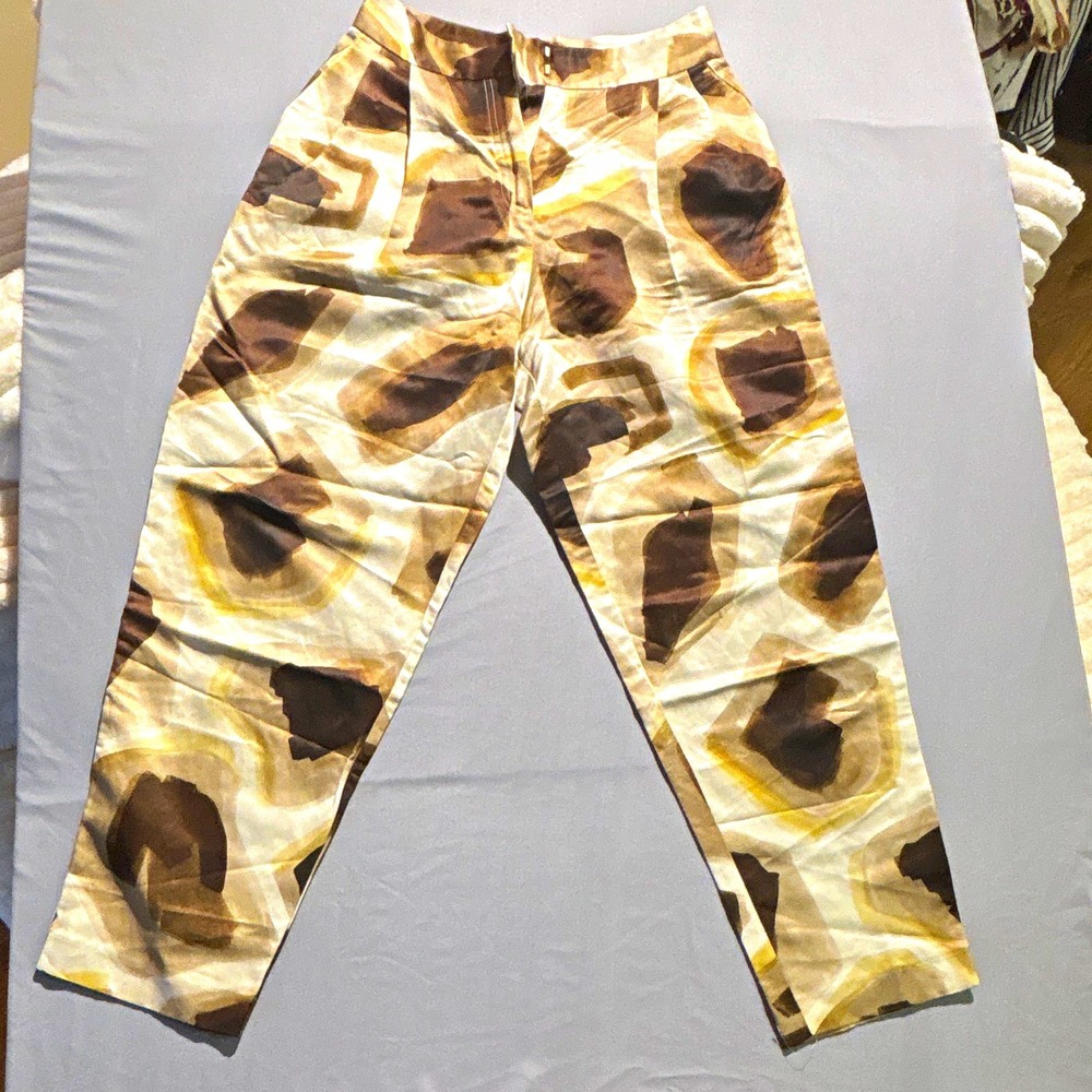 Massimo Dutti Abstract Watercolor Print Trousers Brown Tan Portugal Mens L